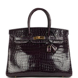 Hermes Birkin 35 Amethyst Shiny Porosus Crocodile Gold Hardware