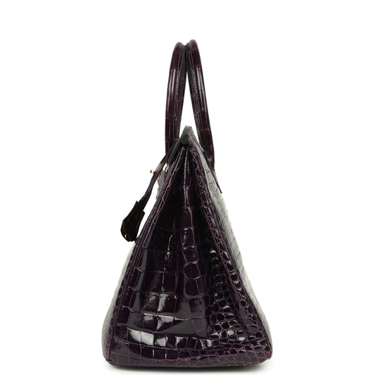 Hermes Birkin 35 Amethyst Shiny Porosus Crocodile Gold Hardware