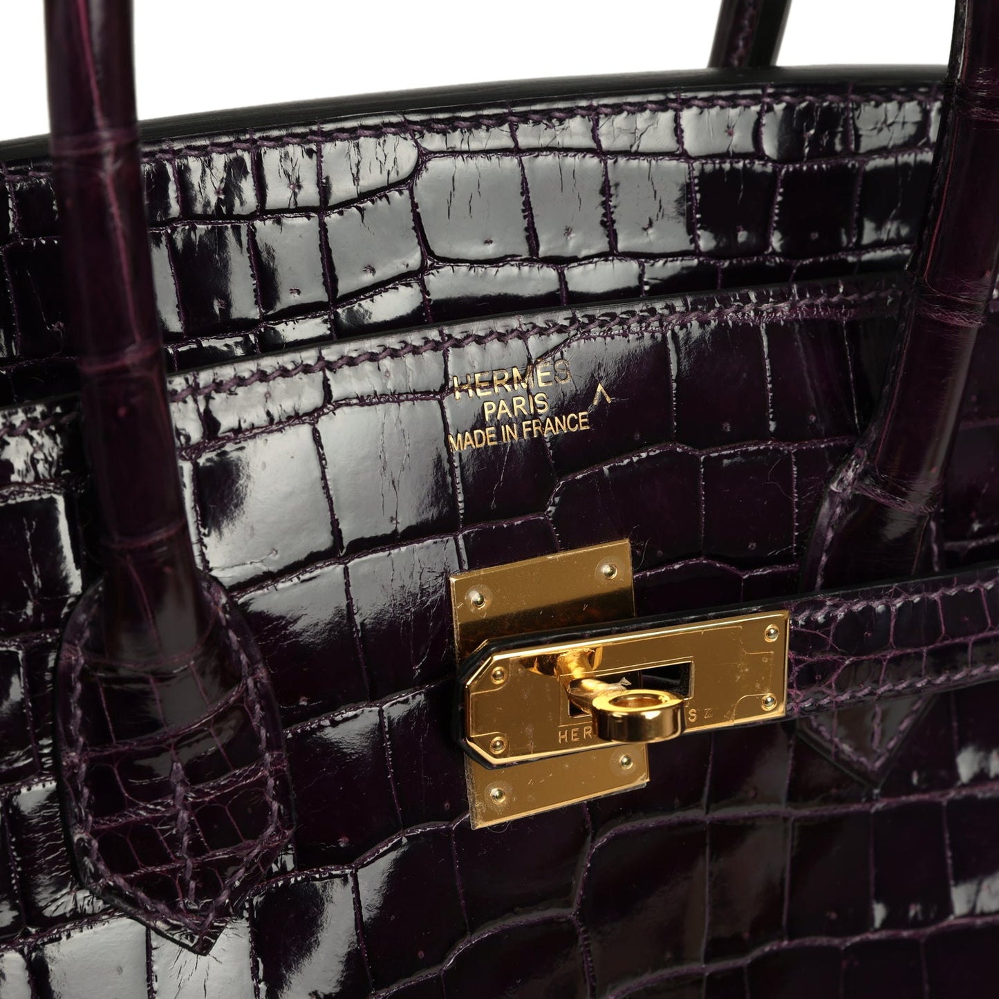 Hermes Birkin 35 Amethyst Shiny Porosus Crocodile Gold Hardware