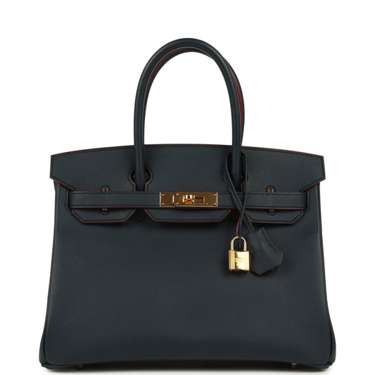 Hermes Birkin 30 Bleu Indigo and Rouge H Contour Epsom Gold Hardware