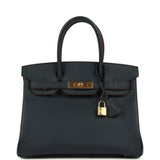 Hermes Birkin 30 Bleu Indigo and Rouge H Contour Epsom Gold Hardware