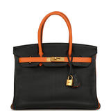Hermes Special Order (HSS) Birkin 30 Black and Orange Chevre Brushed Gold Hardware