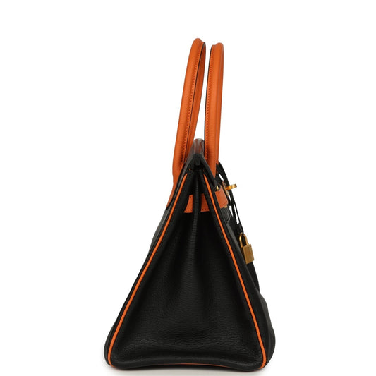 Hermes Special Order (HSS) Birkin 30 Black and Orange Chevre Brushed Gold Hardware