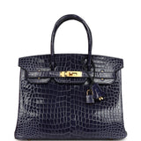 Hermes Birkin 30 Bleu Encre Shiny Porosus Crocodile Gold Hardware