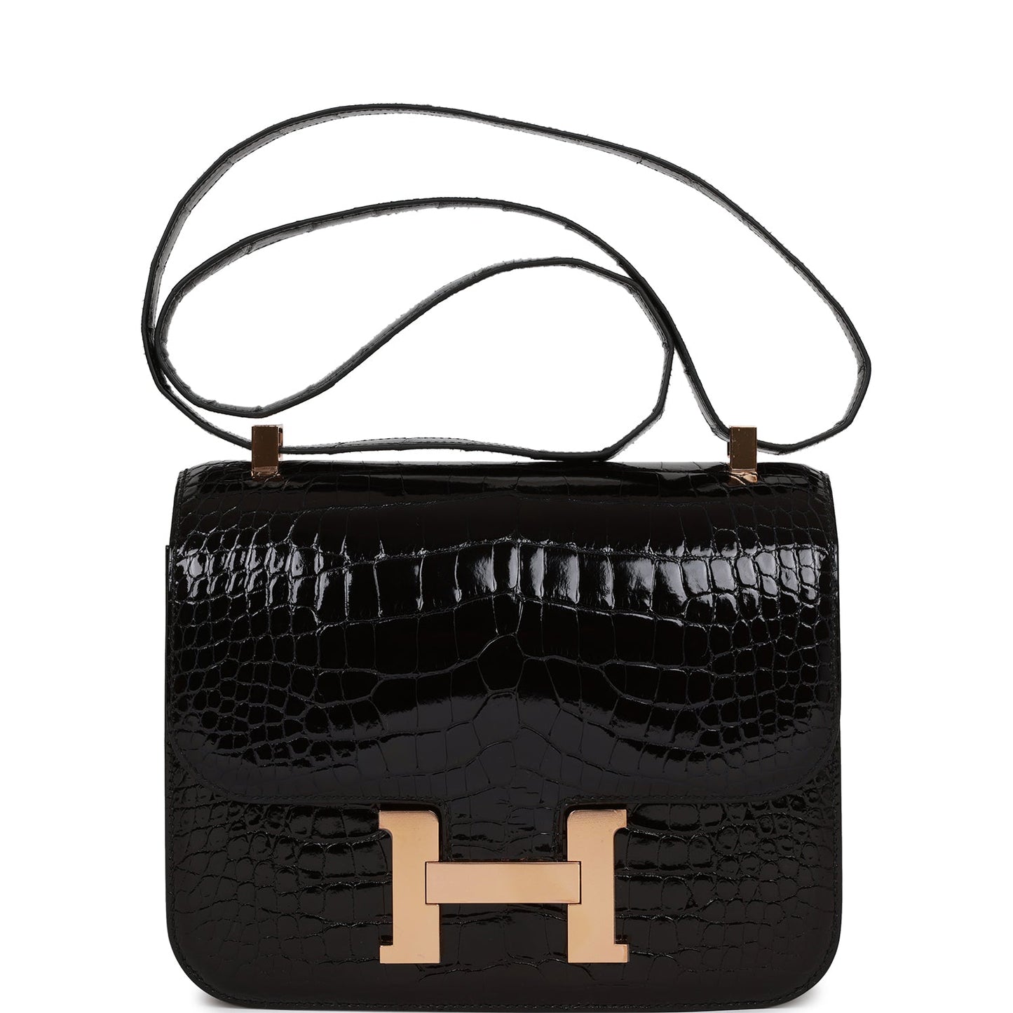 Luxury Hermes Constance 24 Black Shiny Alligator Rose Gold Hardware