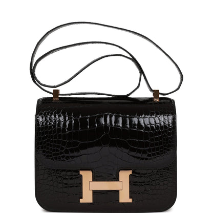 Luxury Hermes Constance 24 Black Shiny Alligator Rose Gold Hardware