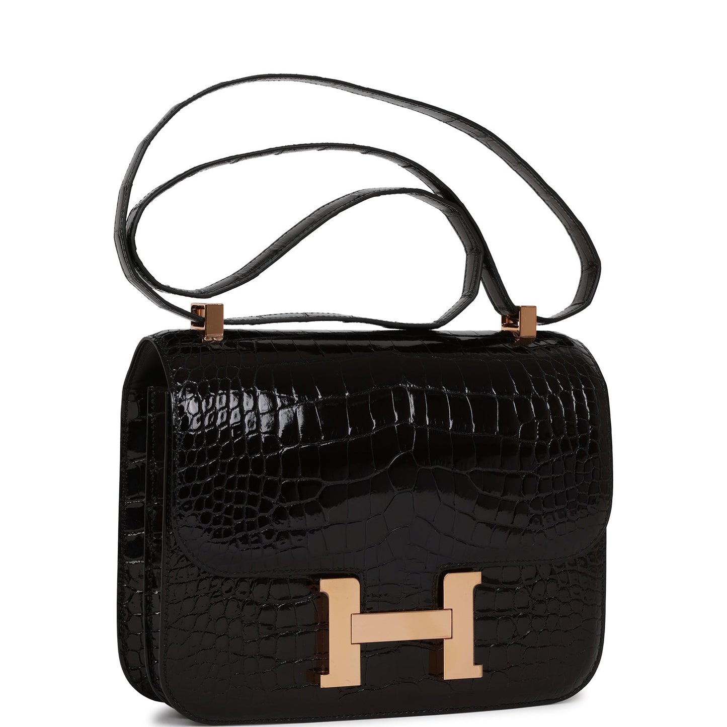 Luxury Hermes Constance 24 Black Shiny Alligator Rose Gold Hardware