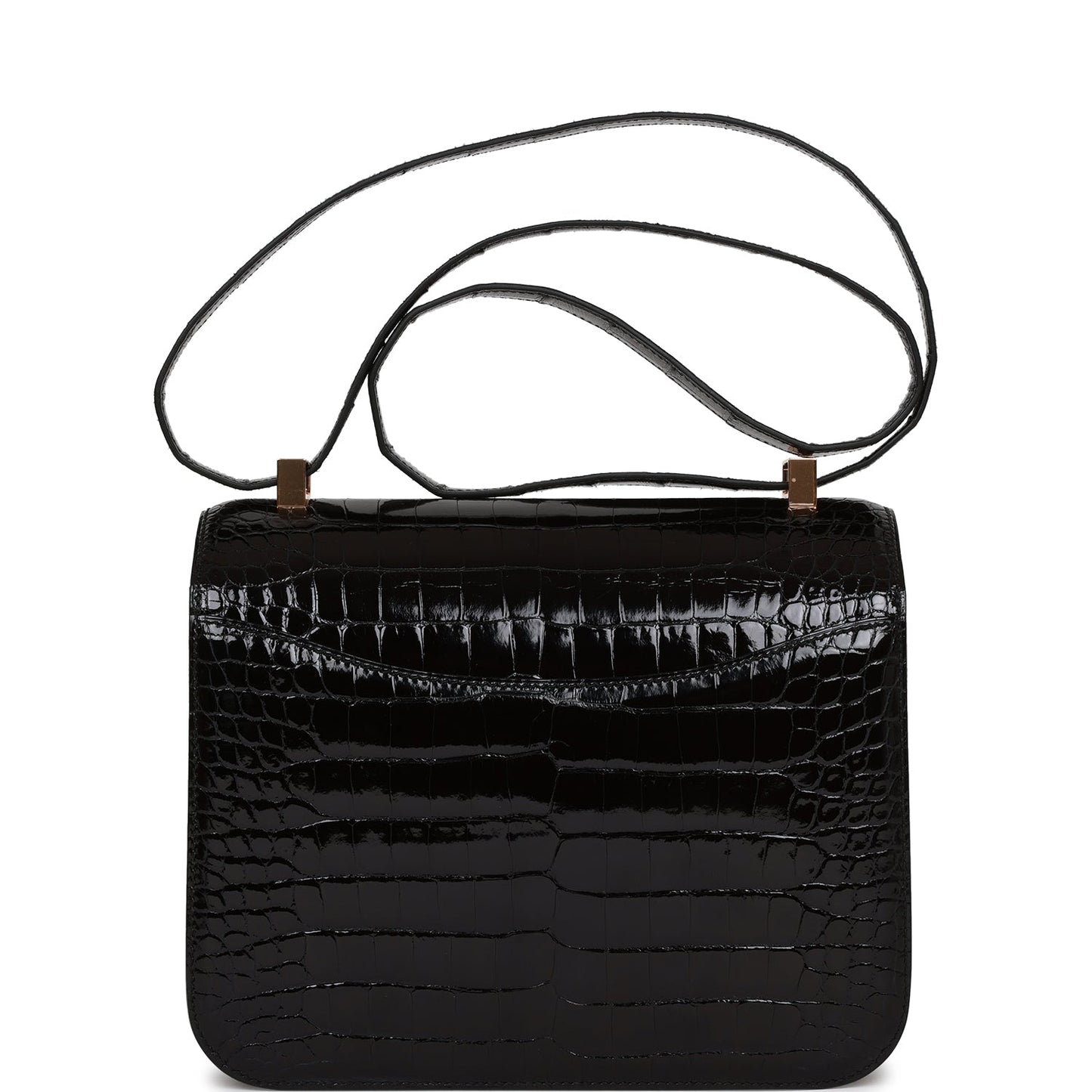 Luxury Hermes Constance 24 Black Shiny Alligator Rose Gold Hardware
