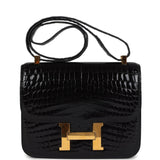 Hermes Constance 24 Black Shiny Niloticus Crocodile Gold Hardware