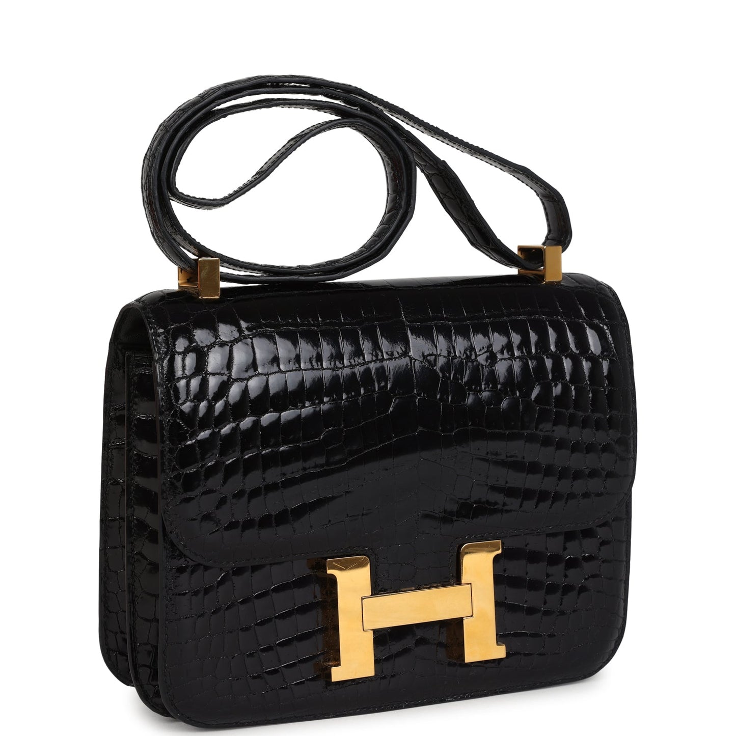 Hermes Constance 24 Black Shiny Niloticus Crocodile Gold Hardware