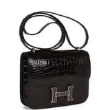 Luxury Hermes Constance 18 Black Shiny Alligator Palladium Tiger's Eye Hardware