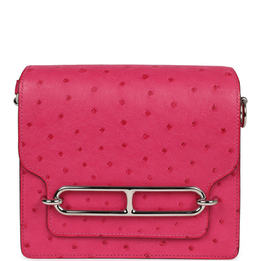 Pre-owned Hermes Mini Roulis Rose Tyrien Ostrich Palladium Hardware