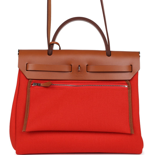 Hermes Herbag Zip PM 31 Capucine Toile Militaire & Fauve Vache Hunter Palladium Hardware