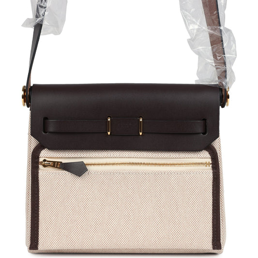 Hermes Herbag Zip 20 Mini Ecru and Beige Toile H Canvas and Ebene Vache Hunter Gold Hardware