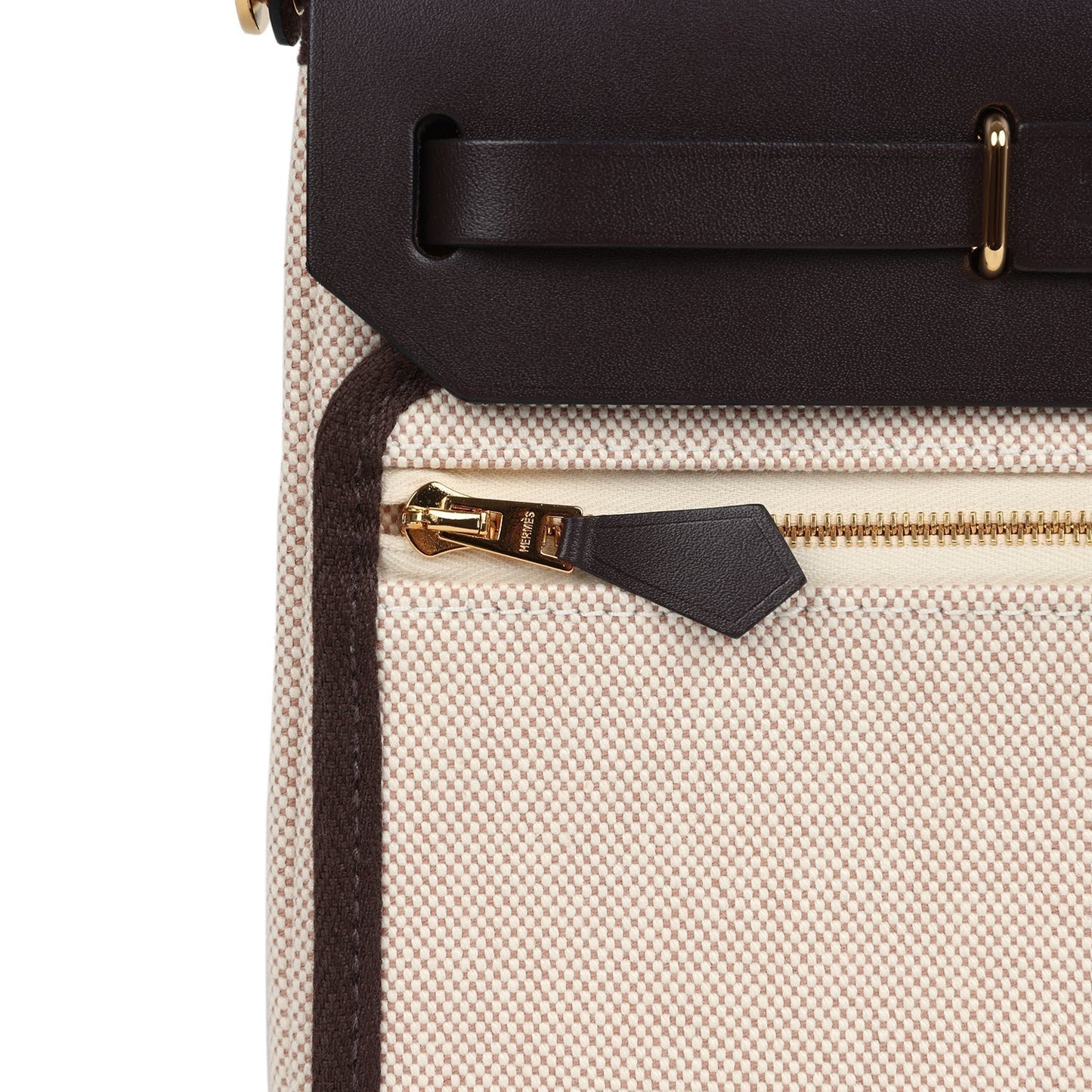 Hermes Herbag Zip 20 Mini Ecru and Beige Toile H Canvas and Ebene Vache Hunter Gold Hardware