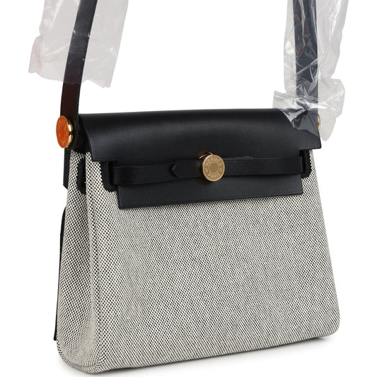 Hermes Herbag Zip 20 Mini Ecru and Black Toile H Canvas and Black Vache Hunter Gold Hardware