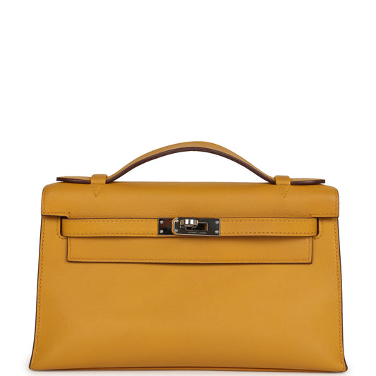 Hermes Kelly Pochette Jaune Ambre Swift Palladium Hardware