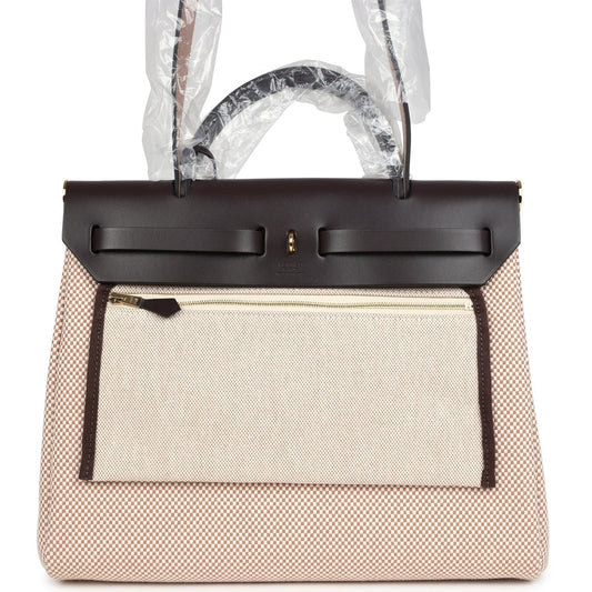 Hermes Herbag Zip PM 31 Ecru and Beige Toile H Ebene Hunter Gold Hardware
