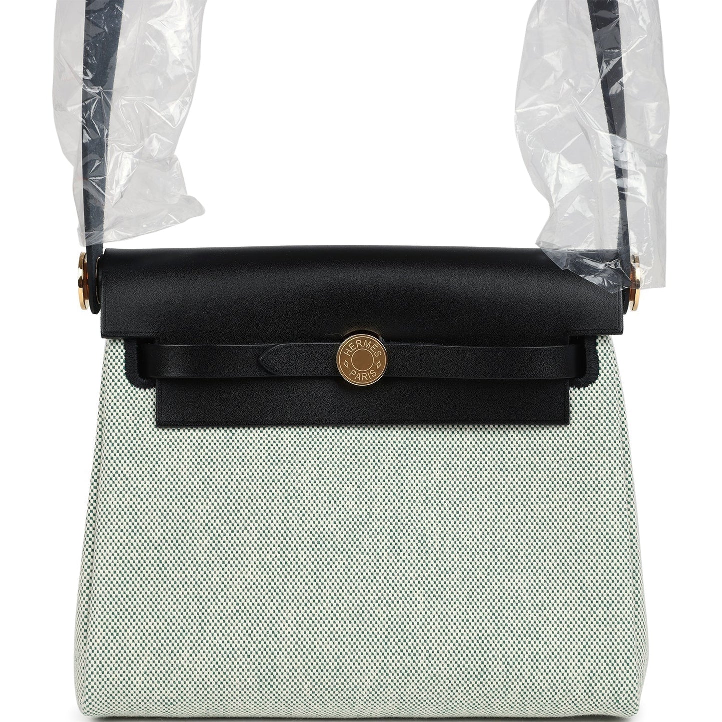 Hermes Herbag Zip 20 Mini Ecru and Vert Moyen Toile H Canvas and Black Vache Hunter Gold Hardware