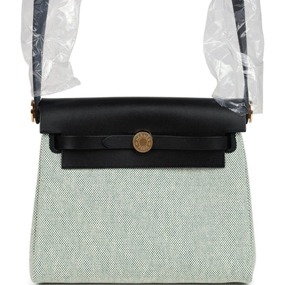 Hermes Herbag Zip 20 Mini Ecru and Vert Moyen Toile H Canvas and Black Vache Hunter Gold Hardware