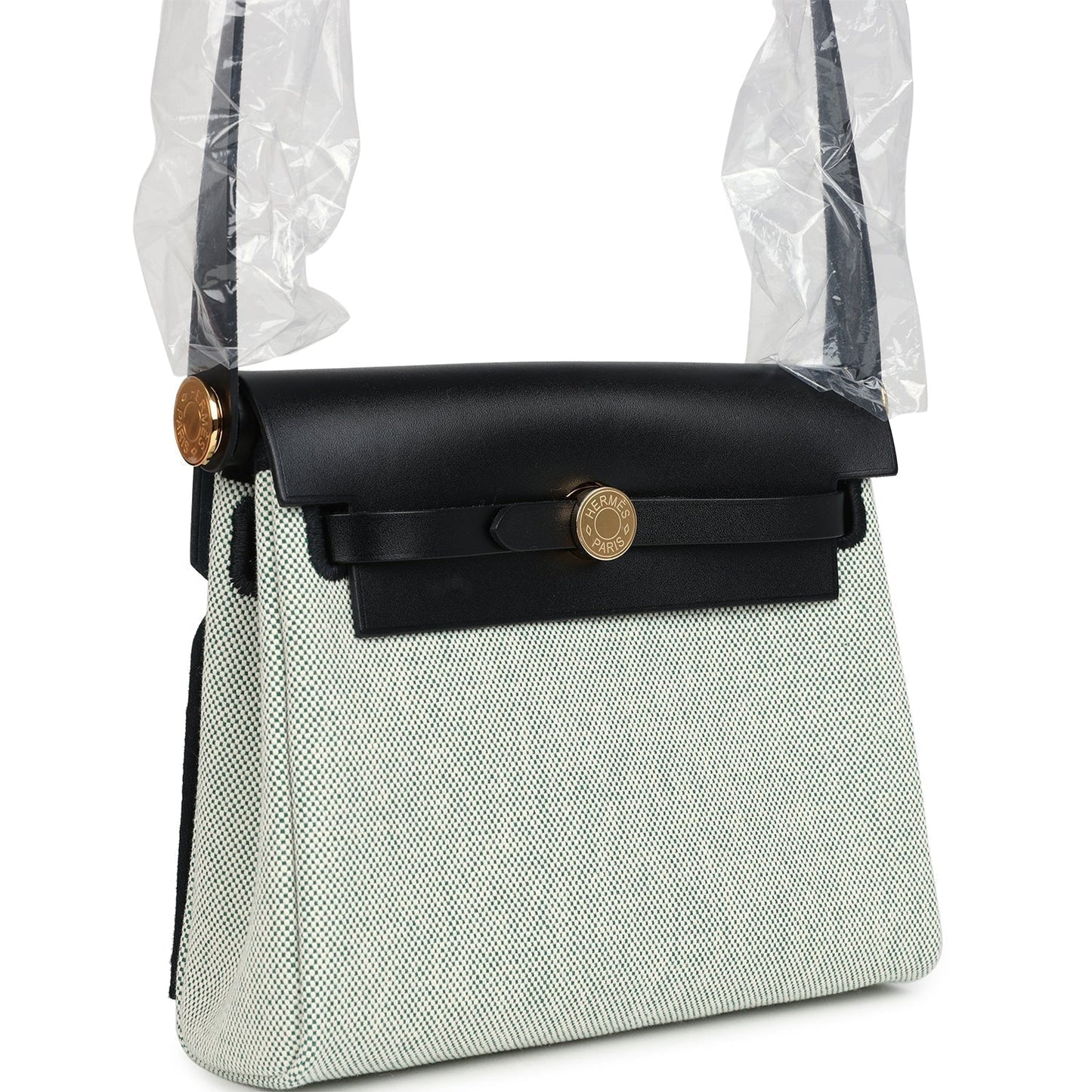Hermes Herbag Zip 20 Mini Ecru and Vert Moyen Toile H Canvas and Black Vache Hunter Gold Hardware