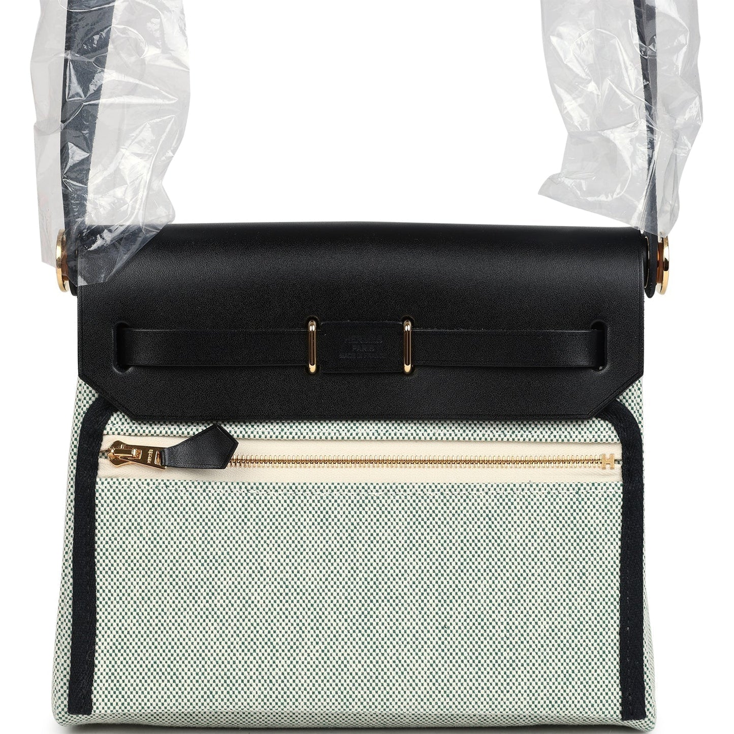 Hermes Herbag Zip 20 Mini Ecru and Vert Moyen Toile H Canvas and Black Vache Hunter Gold Hardware