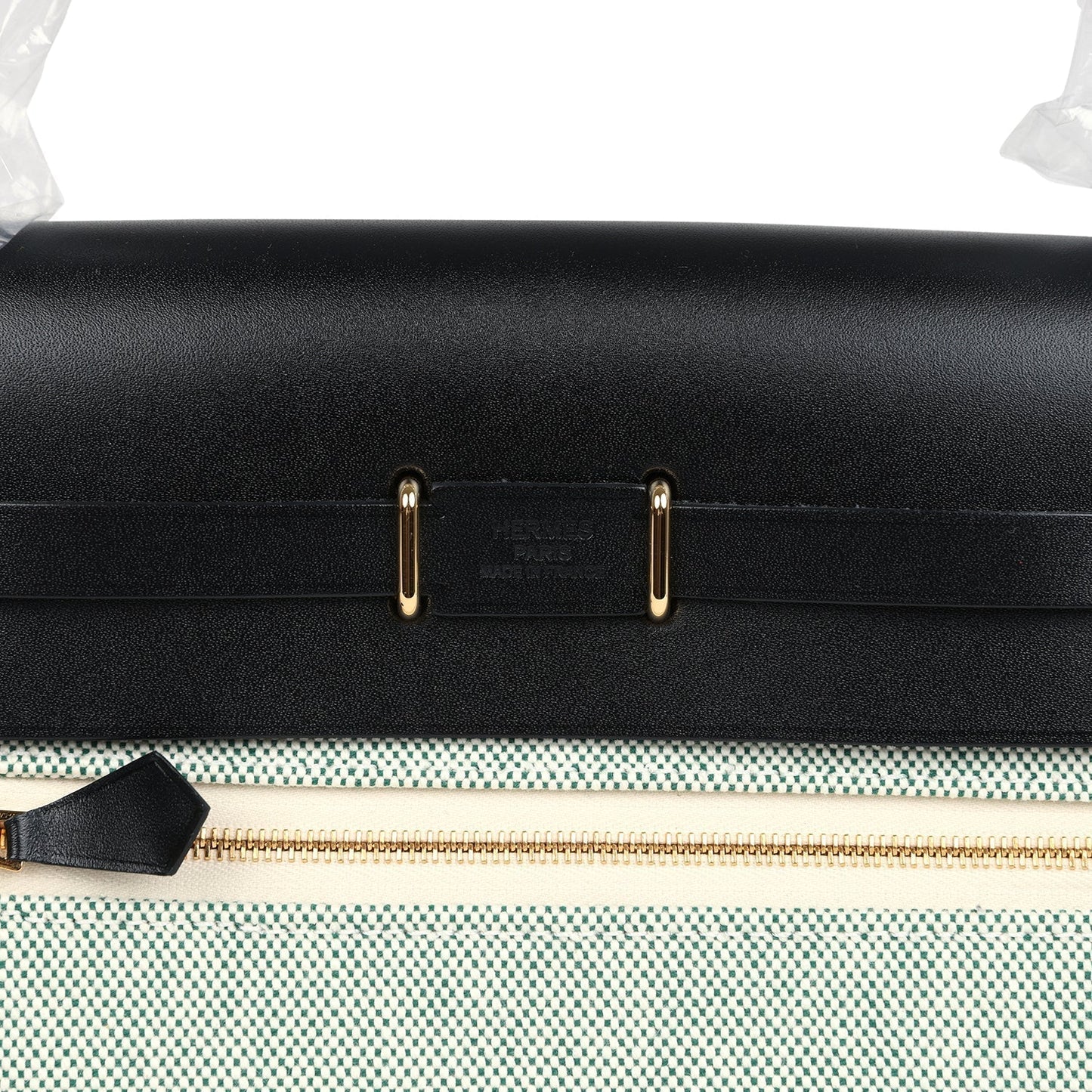 Hermes Herbag Zip 20 Mini Ecru and Vert Moyen Toile H Canvas and Black Vache Hunter Gold Hardware