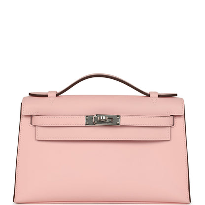 Pre-owned Hermes Kelly Pochette Rose Sakura Swift Palladium Hardware