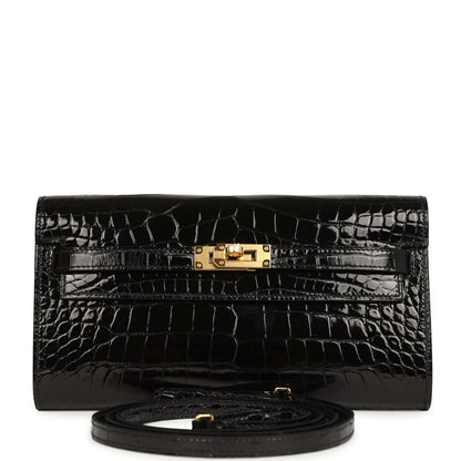 Hermes Kelly Wallet To Go Black Shiny Alligator Gold Hardware