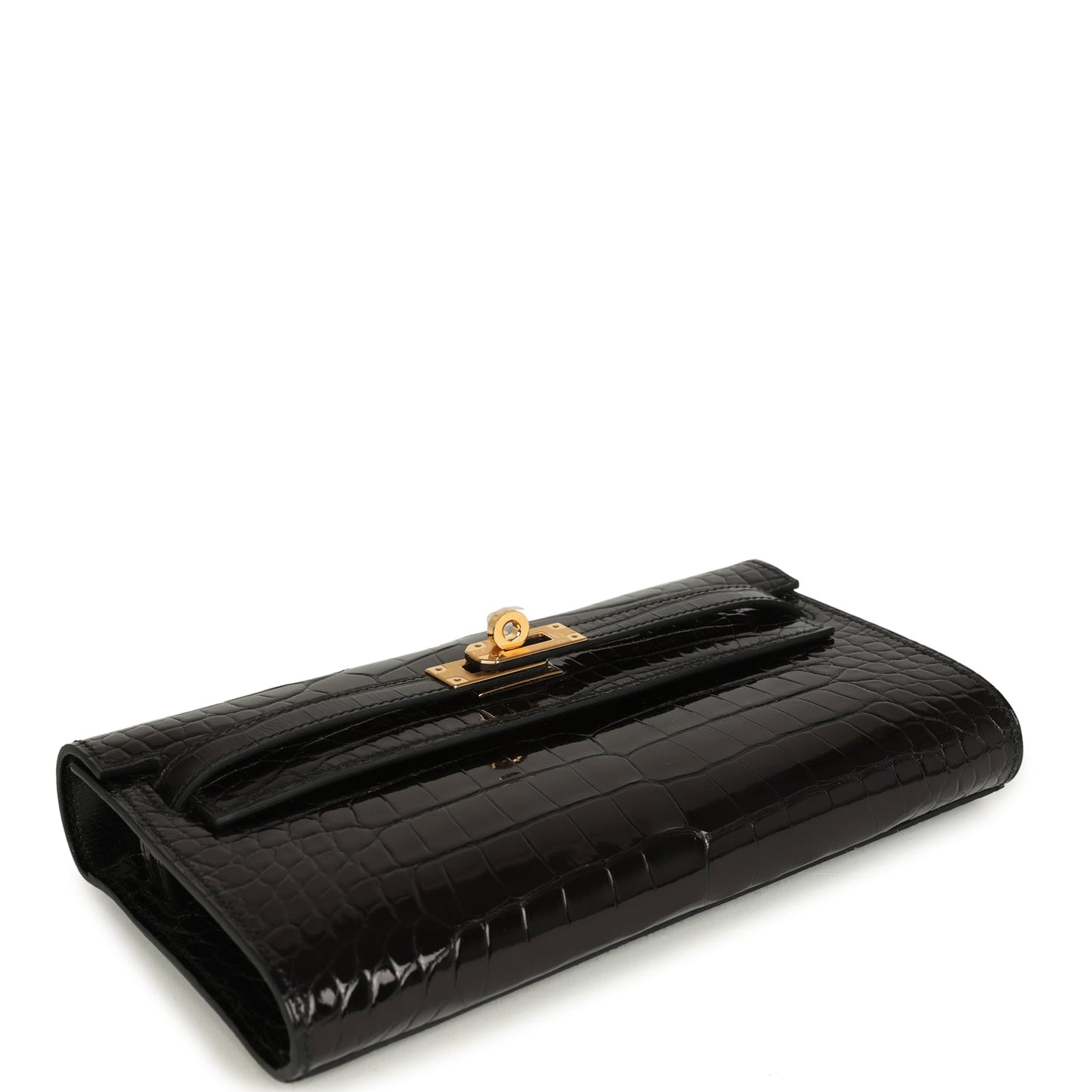 Hermes Kelly Wallet To Go Black Shiny Alligator Gold Hardware