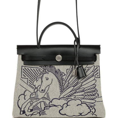 Hermes Herbag Zip Pegase Pop PM 31 Ecru Toile H Canvas and Black Hunter Palladium Hardware