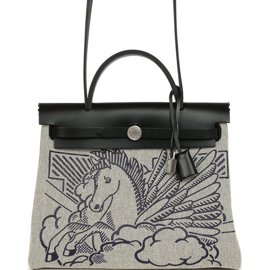 Hermes Herbag Zip Pegase Pop PM 31 Ecru Toile H Canvas and Black Hunter Palladium Hardware