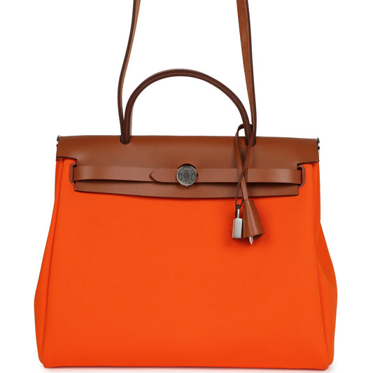 Hermes Herbag Zip PM 31 Orange Minium Toile H Canvas and Fauve Vache Hunter Palladium Hardware