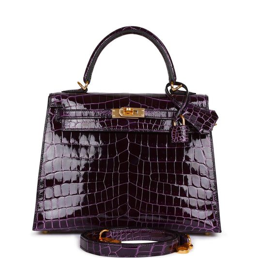Hermes Kelly 25 Sellier Aubergine Shiny Niloticus Crocodile Gold Hardware