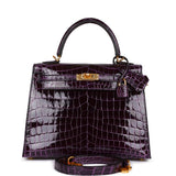Hermes Kelly 25 Sellier Aubergine Shiny Niloticus Crocodile Gold Hardware