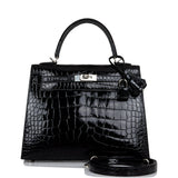 Hermes Kelly 25 Sellier Black Shiny Alligator Palladium Hardware