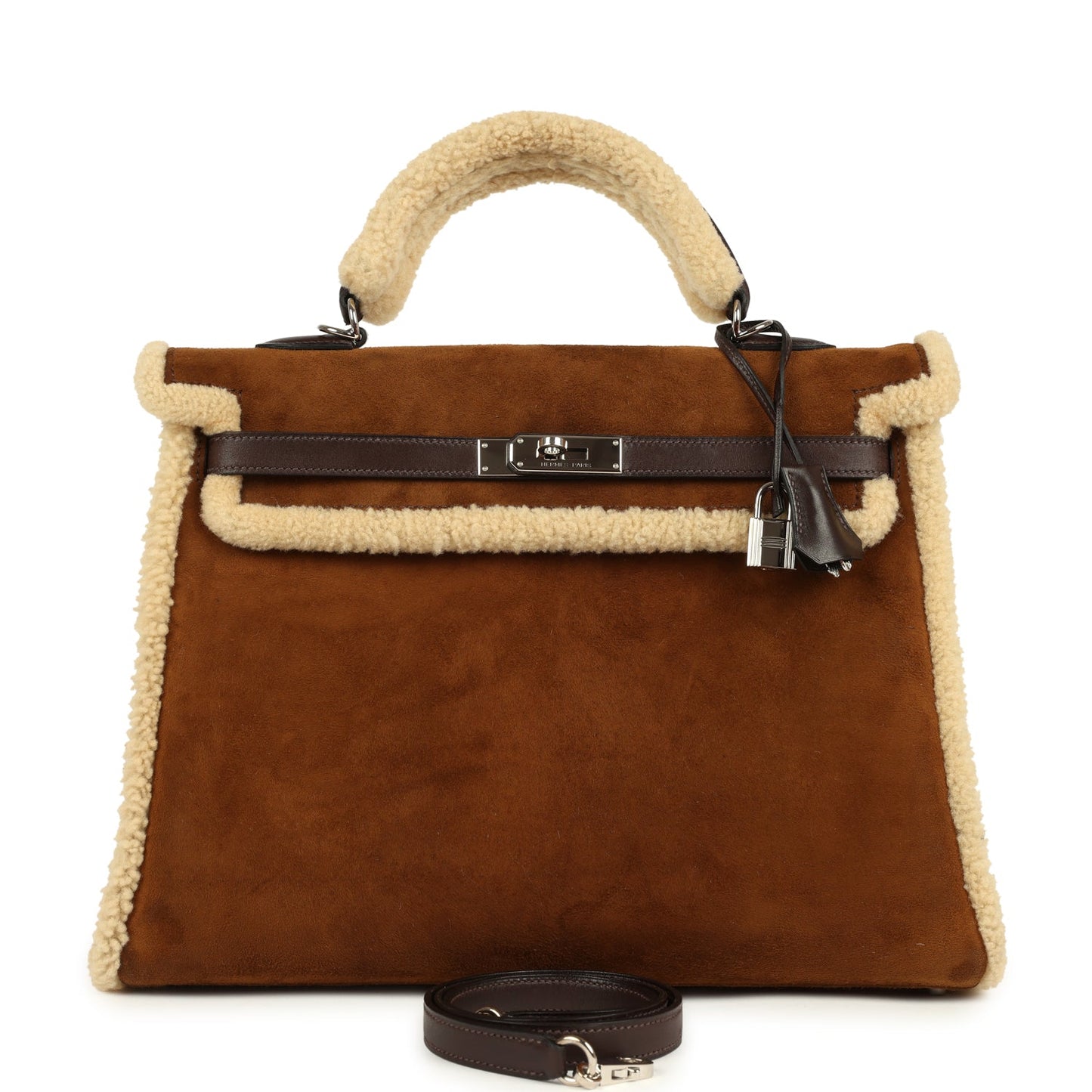 Hermes Teddy Kelly 35 Shearling and Ebene Barenia Palladium Hardware