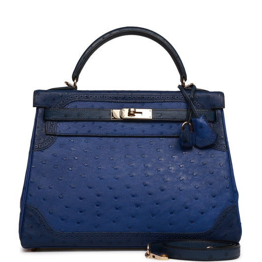 Hermes Ghillies Kelly 32 Retourne Bleu Saphir, Bleu Iris and Bleu de Malte Ostrich Permabrass Hardware