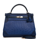 Hermes Ghillies Kelly 32 Retourne Bleu Saphir, Bleu Iris and Bleu de Malte Ostrich Permabrass Hardware