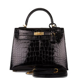 Hermes Kelly 25 Sellier Black Shiny Alligator Gold Hardware