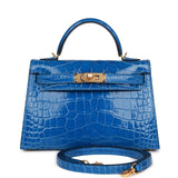 Hermes Kelly 20 Sellier Bleu Zellige Shiny Alligator Gold Hardware