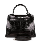 Hermes Kelly 25 Sellier Black Shiny Porosus Crocodile Palladium Hardware