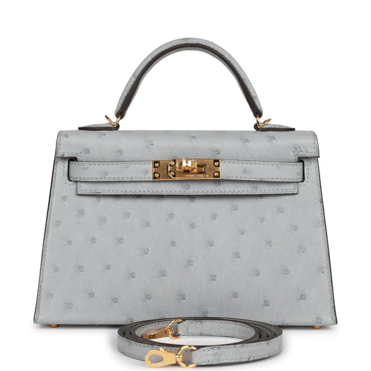 Hermes Kelly 20 Sellier Bleu Glacier Ostrich Gold Hardware
