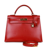 Hermes Kelly 32 Sellier Rouge Vif Box Gold Hardware