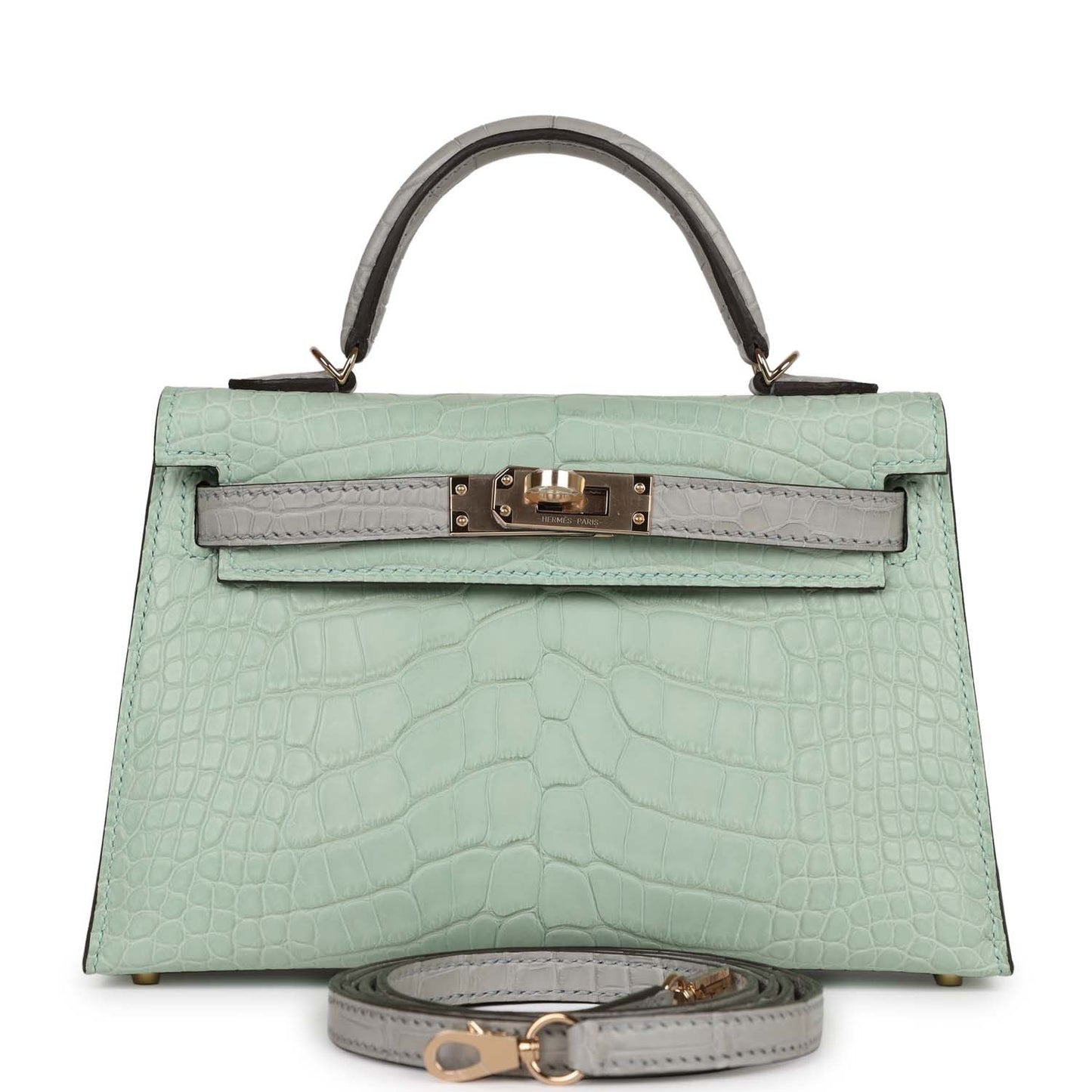 Hermes Special Order (HSS) Kelly 20 Sellier Vert D'Eau and Gris Perle Matte Alligator Permabrass Hardware