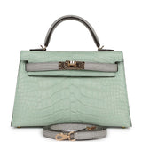 Hermes Special Order (HSS) Kelly 20 Sellier Vert D'Eau and Gris Perle Matte Alligator Permabrass Hardware