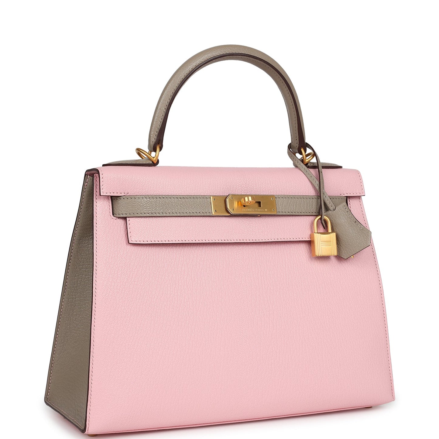 Pre-owned Hermes HSS Kelly Sellier 28 Rose Sakura and Gris Tourterelle Chevre Brushed Gold Hardware