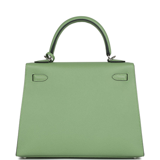 Hermes Special Order (HSS) Kelly Sellier 25 Vert Criquet Verso Epsom Palladium Hardware