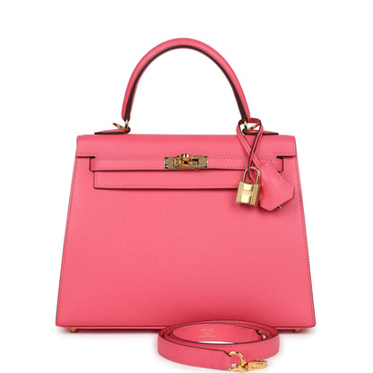 Pre-owned Hermes Kelly Sellier 25 Rose Azalee Epsom Gold Hardware