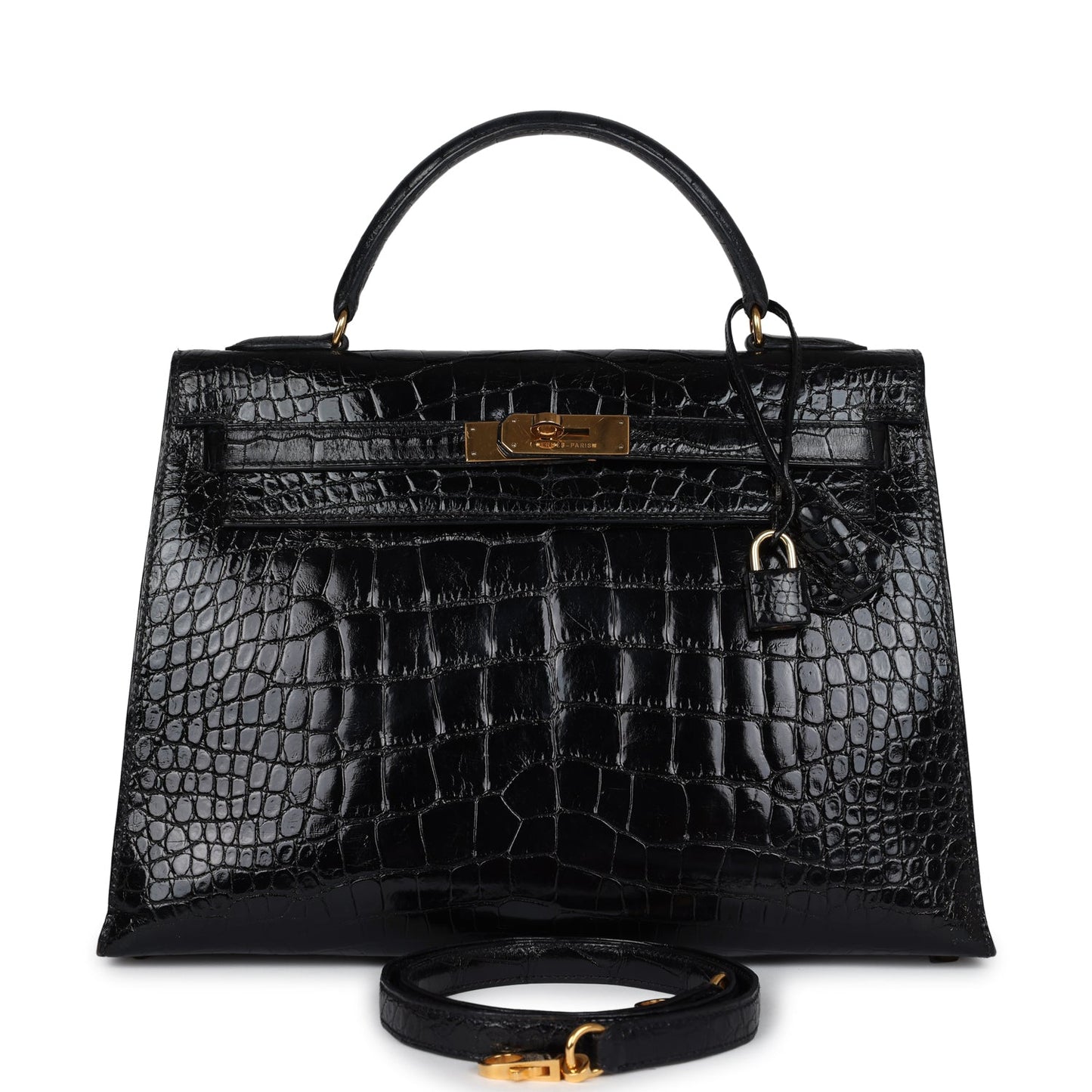 Hermes Kelly Sellier 32 Black Shiny Alligator Gold Hardware